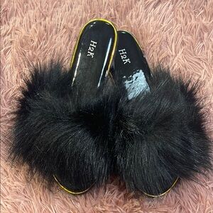 Women's Black Furry Slides